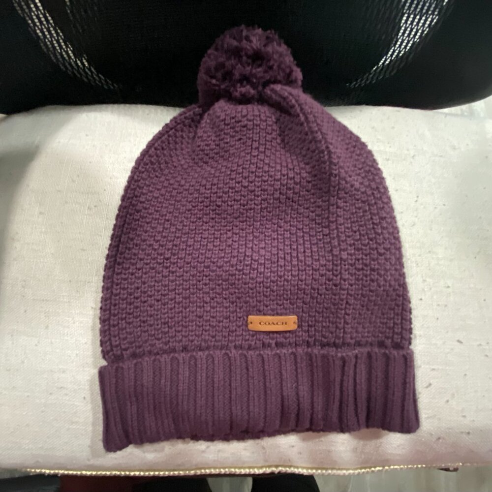 Coach Purple Sporty School Y2K Preppy Wool Cotton Pom Pom Ski Knit Hat Beanie OS
